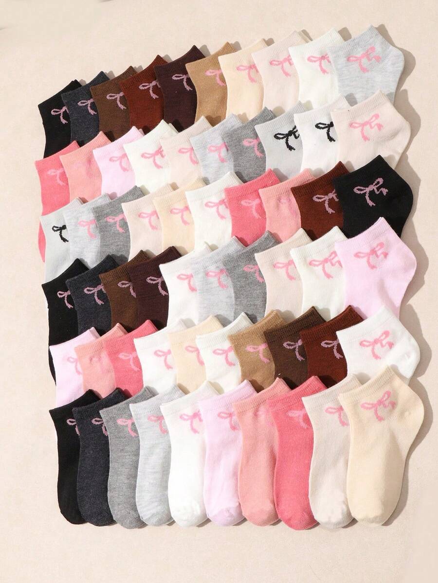 10/20 Pairs Random Girls' Bowknot Print Boat Socks, Multi-Color Mixed Low-Cut Invisible Short Socks, Breathable Comfortable Non-Stuffy, Spring/Summer Thin Low-Top Socks, Versatile Daily Commute Socks - Multicolor - View 1