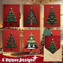 1/6/12 Sets Christmas Tree Greeting Cards, 6 Different Hollow-Out Styles, Christmas Tree, Star, Red Design, Christmas Winter Holiday Gift Cards For Family And Friends - A - View 10