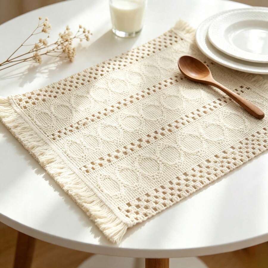 1/2/4pcs Bohemian Style Rhombus Woven Placemats, Tassel Lace Fabric Table Mats, Homestay Atmosphere Desktop Photography Props - Multicolor - View 1