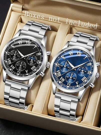 2PCS/1PC Optional Men's Silver Case Multifunction Watch, Silver Stainless Steel Band, Business Luxury Elegant Style, Roman Numeral Black & Blue Dual-Color Dial, Men's Luxury Watch Accessory, Suitable For Summer Wear, Perfect For Father's Day, Birthday, Valentine's Day, As A Refined Gift For Boyfriend And Men