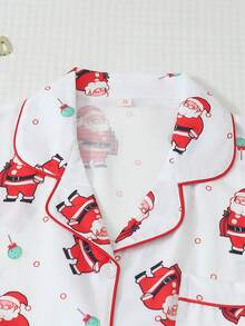 2pcs/Set Comfortable Santa Claus Candy Print Short Sleeve Collared Top And Bow Shorts Women's Pajama Set - White - View 3