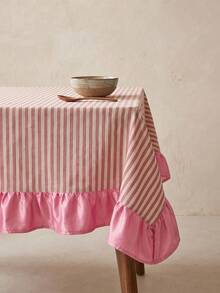 1pc White Base Red Striped Pink Ruffle Edge Tablecloth, Fresh Natural Style Fabric Rectangular Pink Ruffle Edge Patchwork Detail Decorative Functional Dining Tablecloth Suitable For Daily Home Dining And Fresh Home Decor Scenes - Red - View 9