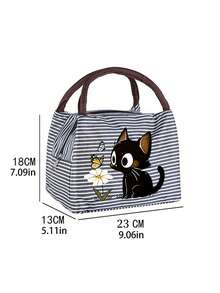 Aesthetic Striped Insulated Lunch Bag, Black Cat & Leaf Pattern, Lightweight Canvas Lunch Box, Large Capacity, Suitable For Work, School, Picnic, Travel, Hiking - Multicolor - View 10
