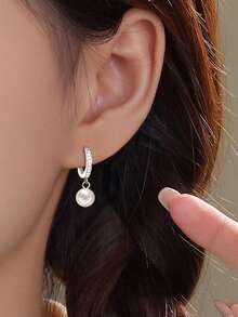 1 Pair Copper Alloy Luxury Full Rhinestone Stud Pearl Drop Earrings For Women, Elegant Elegant Faux Pearl Pendant Earrings For Daily Commute, High-End Jewelry - Pearl - View 6