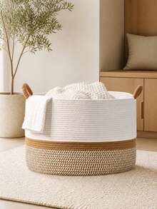 1pc Large 3-Color Cotton Rope Laundry Basket With Dual Handles, Soft Foldable Round Storage Bin For Blankets, Towels, Clothes, Toys And Pillows, Bohemian Style Bedroom, Bathroom, Nursery, Laundry Room And Dorm Storage Basket - Brown - View 7