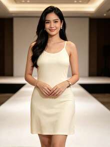 1pc Solid Color Women's Spaghetti Strap Dress, Without Outer Layer - Champagne - View 3