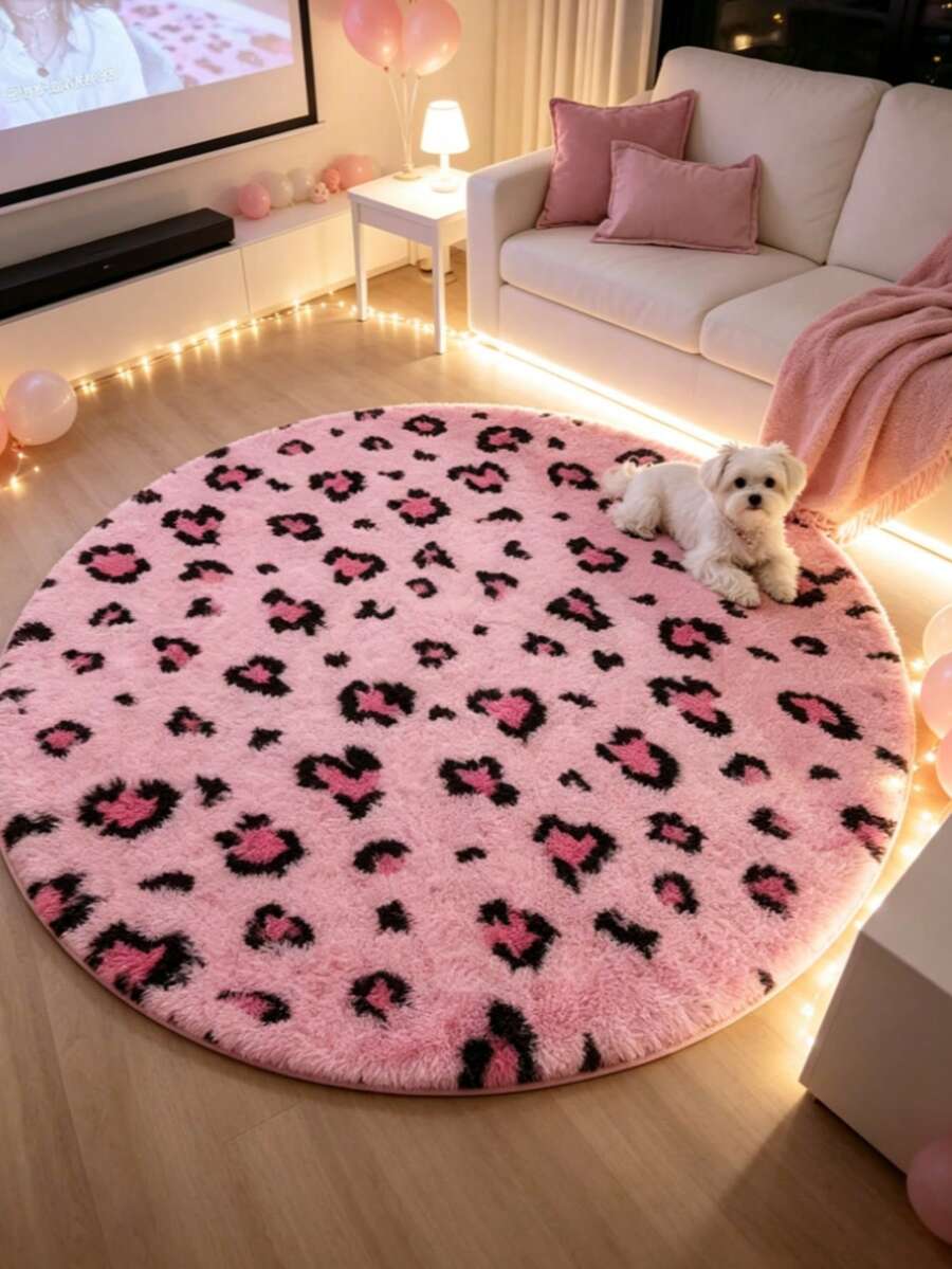 1pc Round Pink Leopard Print Decorative Rug, Love And Healing Bedroom Decor, Small Rug, Carpet, Home Decor, Living Room Rug, Living Room Small Rug, Bedroom Rug, Living Room Home Decor, Outdoor Rug, Washable Rug - Multicolor 4 - View 1