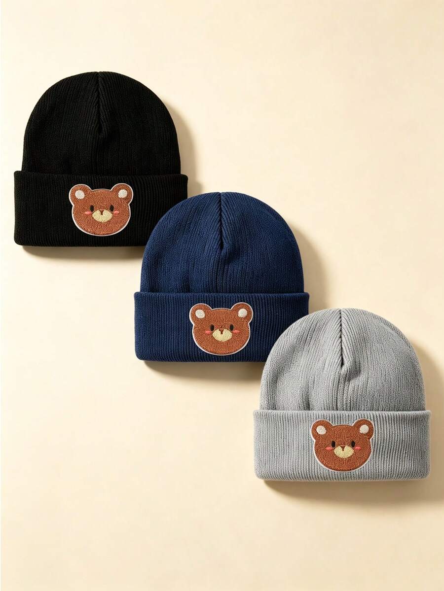 1pc/2pcs/3pcs Kids Knitted Baby Hat, Cute Little Brown Bear Pattern ...