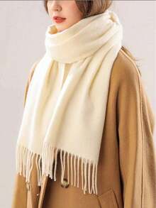 Women's White Tassel Scarf, Thick Warm Shawl, Solid Color Design, Multi-Functional Neck Warmer, Suitable For Cold Weather And Daily Wear, Autumn/Winter Style - Christmas And New Year Gift, Casual Decorative Accessory - Multicolor - View 1