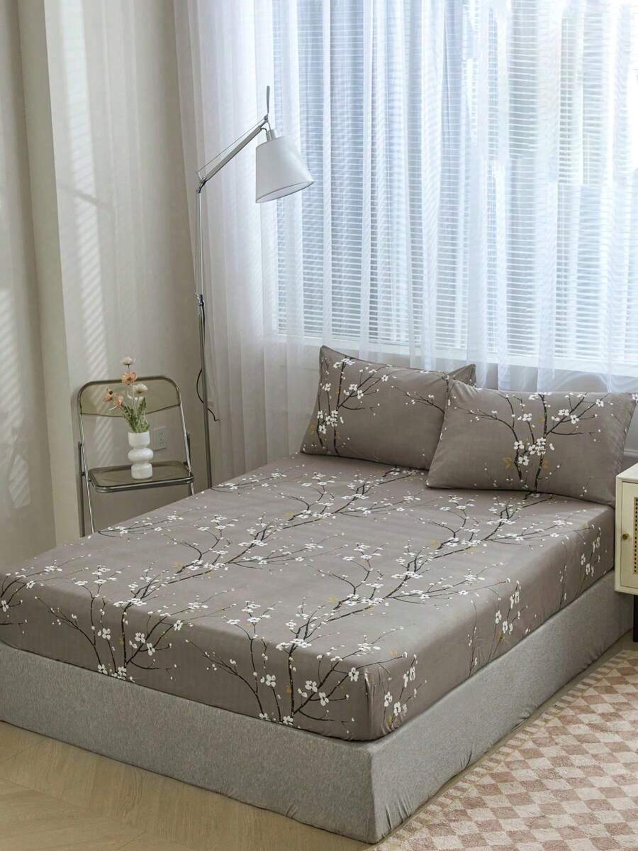 3-Piece Gray Plum Blossom Branch Pattern Bedding Set (Pillow Inserts Not Included), Bedroom Bedding Set, Brushed Microfiber Material, Breathable And Comfortable, 1 Fitted Sheet + 2 Pillowcases (Pillow Inserts Not Included), Back To School Dorm Bedding Set - Dark Grey - View 1