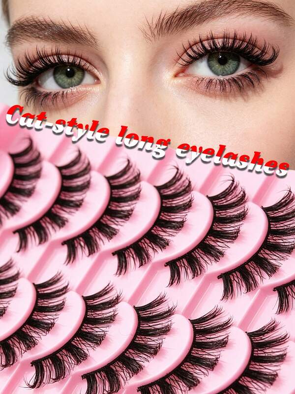 10 Pairs Cat Eye False Eyelashes, Fluffy Wispy Voluminous Strip Lashes, Long Tail Curly Fake Eyelashes For Daily Party Stage Eye Makeup