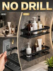1pc No-Drill Adhesive Bathroom Shelf, With 2 Hooks, Minimalist Shower Corner Storage Rack, Waterproof Plastic Toiletries Organizer, Suitable For Shampoo And Bathroom Accessories, Ideal For Renters - A - View 7