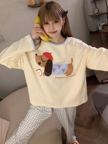 2pcs/Set Women's Pajamas Loungewear Set, Pullover Round Neck Cute Animal Print Minimalist Long Sleeve Cropped Pants, Comfortable For Home Wear - Yellow - View 5