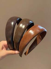 Early Autumn Coffee Color Vintage Glossy Leather Wide Headband For Women, High Crown Hair Accessory, 2026 Autumn New Style - Multicolor - View 4