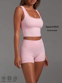 Women's Casual Backless Removable Padding Sport 2-Piece Set,U-Shaped Neck Solid Color Tank Tops,Skinny Basic High Waist Legging Shorts,For Yoga,Daily - Pink - View 5