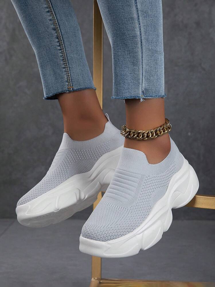 Women's Slip-On Thick Sole Athletic Shoes, Solid Color Minimalist Design, Suitable For All Seasons, Daily Commute, Outdoor Wear, Casual Shoes - Grey - View 5