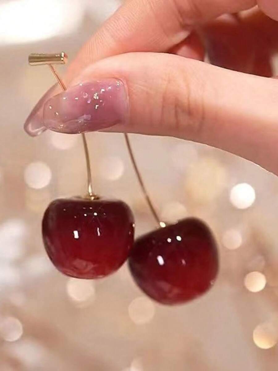 A Pair Of Sweet And Fresh Cherry Fruit Earrings Suitable For Women's Daily Wear, Holidays, And Banquets - Burgundy - View 1