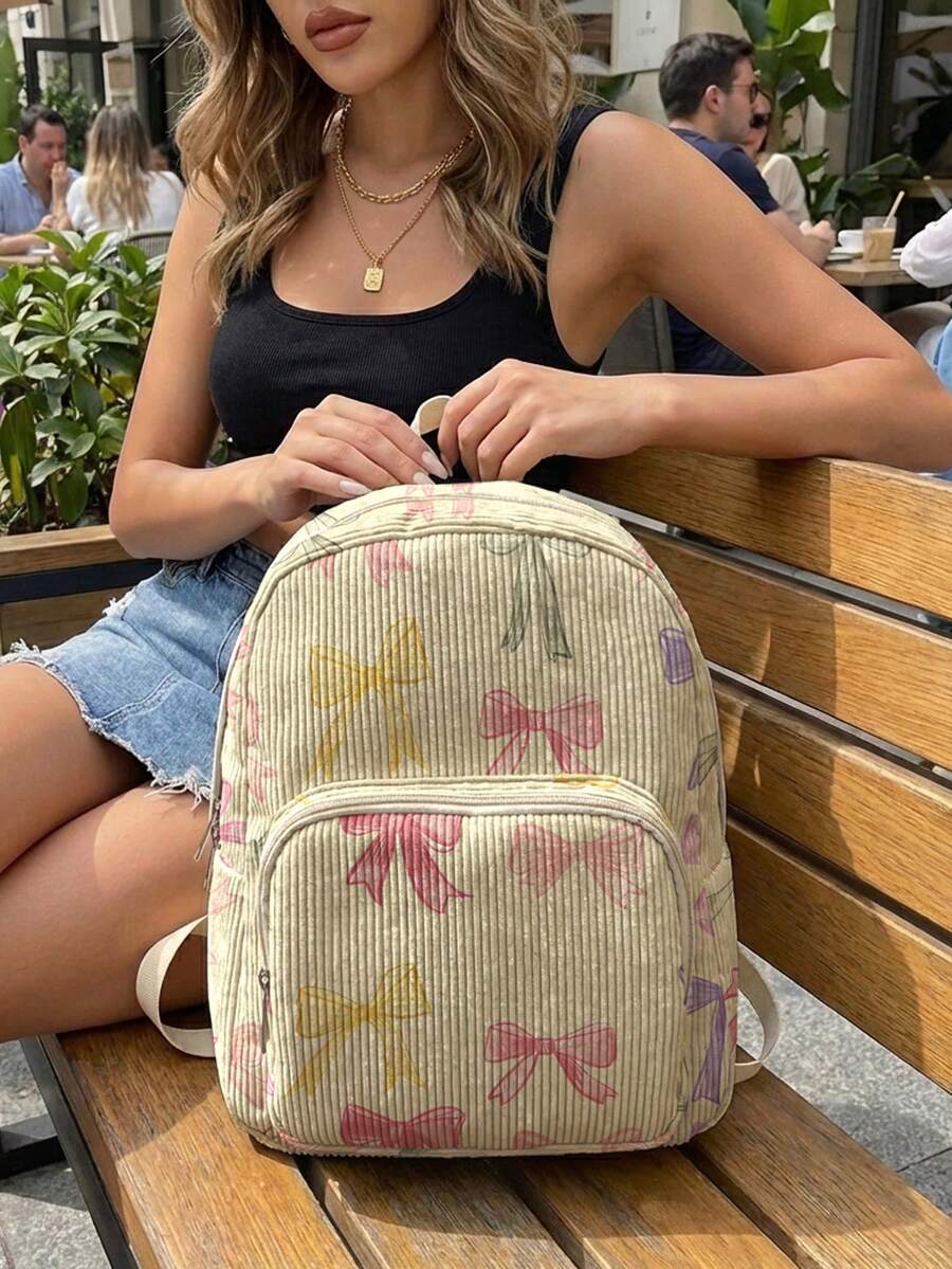 1 Piece Backpack, Women's Mini Backpack, Corduroy Girl School Bag, Travel Storage Bag, Bow Printed Design, Large‑Capacity Foldable Easy‑To‑Store Bag, Lightweight & Pressure‑Relieving, Multi‑Pocket Layered Design With Zipper Closure - Bow 22471 - View 1