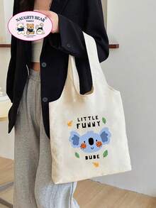 1pc Beige Many Animal Families English Print Women's Canvas Tote Bag Vest Shopping Bag - Beige - View 3