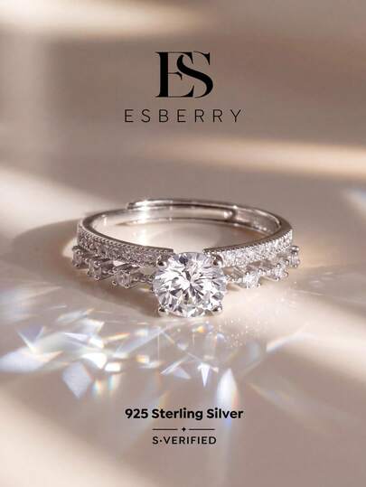 ESBERRY 1 pieza Anillo ajustable de 6.5mm con circonita cúbica de 4 garras, joyería elegante de plata pura blanca para mujer, regalo de boda, regalo de compromiso, accesorio nupcial