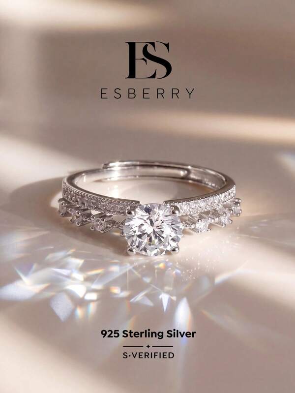 ESBERRY 1pc 6.5mm Cubic Zirconia 4-Prong Adjustable Ring, Women's Pure Silver White Elegant Jewelry, Wedding Gift, Engagement Gift, Bridal Accessory