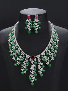 1 Set 3Pcs Fashion Grape‑Shape Copper Inlaid Zirconia Jewelry Set, Necklace & Earrings, Evening Party Accessories For Formal Gown Matching - Elegant Jewelry Set - View 5