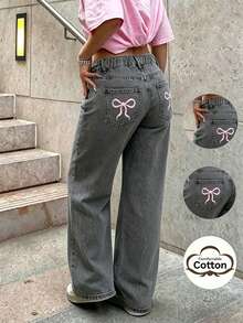 Celana Jeans Longgar Kasual Nyaman untuk Remaja Perempuan dengan Bordir Pita, Potongan Lurus dan Lebar - Grey - View 1