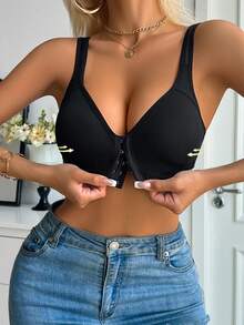 Black Front Closure Wireless Molded Cup Bra, Fixed Thin Padding, Classic Comfortable Women's Solid Color Lingerie Bra - Black - View 6