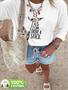 Plus Size Women's Witch Hat Broom Halloween Print Round Neck Long Sleeve Casual T‑Shirt, Daily Top For Spring Fall Winter - White - View 1