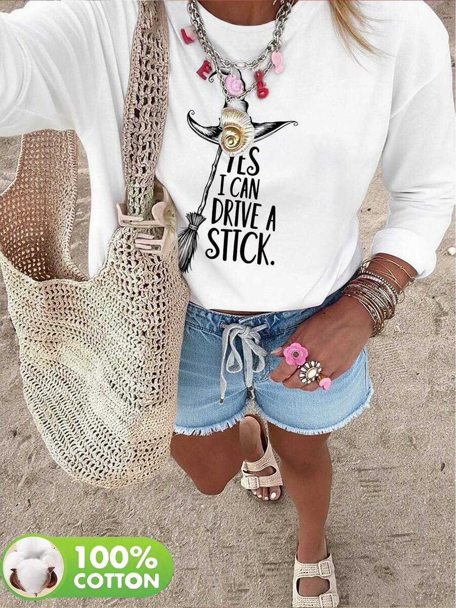 Plus Size Women's Witch Hat Broom Halloween Print Round Neck Long Sleeve Casual T‑Shirt, Daily Top For Spring Fall Winter - White - View 1