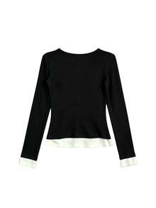 Atasan Kaos Lengan Panjang Wanita Model Korea Terbaru, Potongan Ramping, Seksi, Kancing Setengah, 2-in-1 Serbaguna - Hitam - View 2