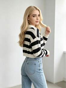 Jersey de punto con solapa a rayas en blanco y negro para mujer, camisa POLO casual de manga larga, corte entallado, favorecedor, cómodo y de estilo moderno. - Blanco y Negro - Ver 5