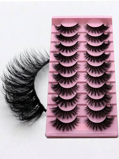 10 Pairs Exaggerated 3D Fluffy Faux Mink Full Strip False Eyelashes, Black Dense Long 22mm For Daily Makeup