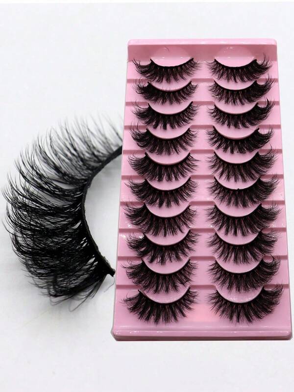 10 Pairs Exaggerated 3D Fluffy Faux Mink Full Strip False Eyelashes, Black Dense Long 22mm For Daily Makeup
