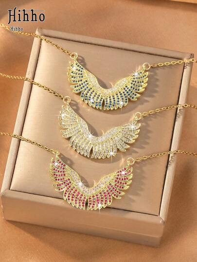 Hihho 1pc European And American Style Gold-Tone Full Rhinestone Angel Wing Necklace With Three-Color Zirconia Feather Pendant, Elegant Atmosphere Collarbone Chain For Women