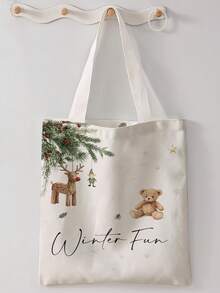 1pc Little Bear Print Canvas Tote Bag, Large Capacity Hand‑Held Shoulder Bag,Reusable Shopping Bag For Music Festival Party Daily Packing Books - Multicolor - View 7