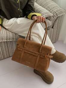 Women's Shoulder Bag, Solid Color, Suede Material, Metal Buckle And Embossed Logo, Large Capacity Handbag, Vintage Academic Style, Suitable For Workplace Daily, Autumn/Winter - Brown - View 5