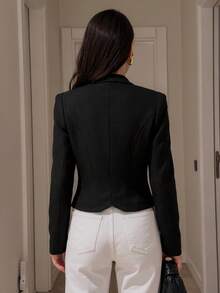 Women's Black Stand Collar Cropped Jacket, Double-Breasted Knit Contrast Design, Slimming Waist, Sexy Style - Black - View 2