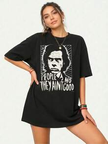 Damen Grunge Retro People They Ain't No Good Grafik T-Shirt,Oversized Kurzarm Baumwoll Top,Linolschnitt Porträt Vintage Blues Rock Lässig Statement Top - Schwarz - Übersicht 3