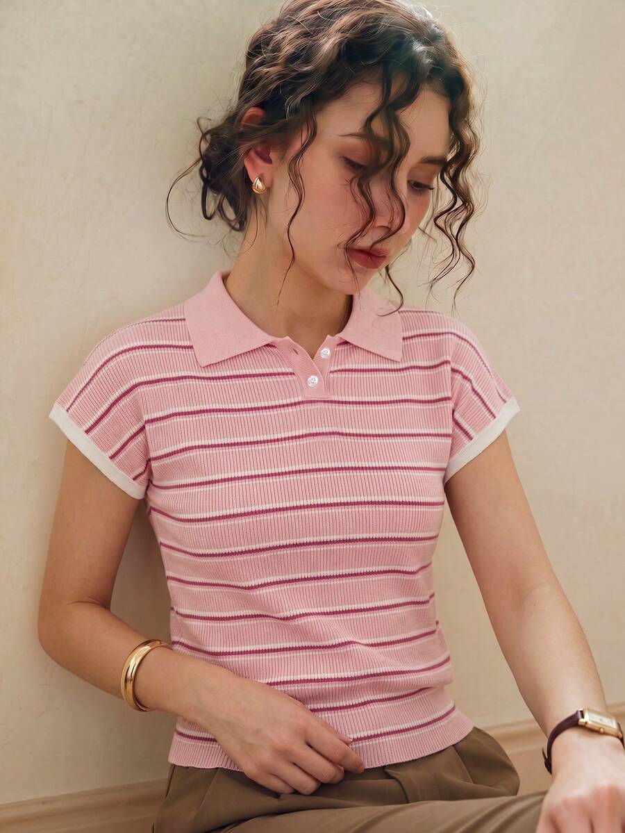 Knit Mix 女款優雅休閒條紋領口鈕扣針織短袖套頭毛衣上衣,適合春夏、日常、居家、通勤、辦公,粉色 - 粉色 - 查看 1