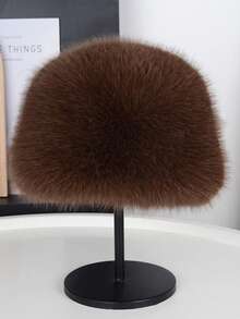 1PC Solid Color Elegant Casual Polyester Faux Fox Fur Round Top Flat Top Bucket Hat For Women, Warm, Versatile, Face-Slimming, Winter - Multicolor - View 10