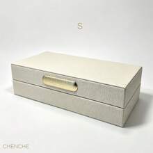 Set Of 2 S & L Size Cream Pebbled PU Leather Jewelry Boxes With Lid, Gold Zinc Alloy Bar Handle, Velvet Lined Rect Accessory Storage Organizer, Modern Luxury Vanity Bedroom Decor Holiday Gift - OFF-white - View 19
