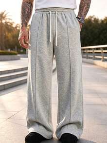 Men's Minimalist Solid Color Straight Leg Sweatpants - Featuring Drawstring Elastic Waist, Side Pockets, Made Of Fabric, Loose Fit Sports - Light Grey - View 9
