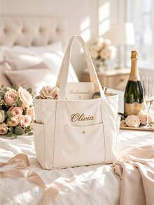 Custom Embroidered Bridesmaid Tote Bag, Personalized Canvas Beach Bag With Initial Ribbon, Bridesmaid Wedding Gift, Bridal Party Tote Bag - Multicolor - View 10