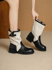 Women's Colorblock Canvas Patchwork Riding Boots, Metal Buckle Chunky Heel Round Toe Mid-Calf Boots, Autumn/Winter Fashion Casual Boots - Beige - View 7