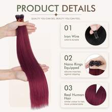 0.7G/S Premium Nano Ring Beads Human Hair Extensions 100% Real Remy Hair Invisible Mini Beads 35G/PACK 18"-24" #99J Wine Red - #99J Wine Red - View 5