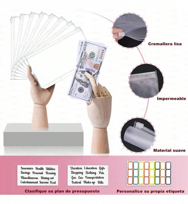 YICHN Organizador De Dinero A6,Agenda A6 de Anillas Desmontable + 12 Tarjetas dePresupuesto +12 Sobres para Efectivo +stickers en inglés y etiquetas. Incluye 200calcomanfas de regalo. Gris - Gris - Añade 6