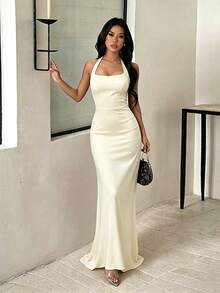 1pc Solid Color Elegant Knitted Fabric Sleeveless Dress Beach Summer - Yellow - View 2