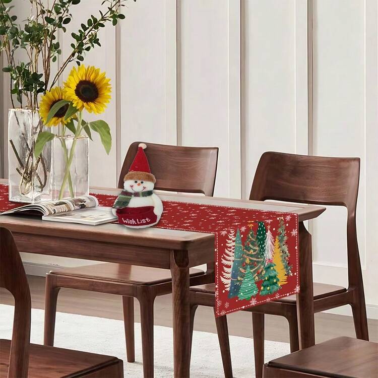 1 pieza Camino de mesa con estampado de árbol de Navidad y copos de nieve sobre fondo rojo, camino de mesa de textura de lino para fiestas, decoración de mesa navideña, decoración del hogar para fiestas de Navidad - Rojo - Añade 5