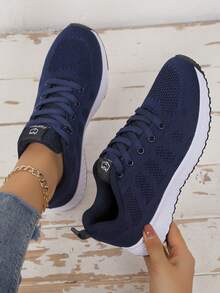 Women's Low-Top Sneakers - EVA Sole, All-Season Lace-Up Athletic Shoes, Lightweight Durable Knit Design, Multiple Colors Available, Comfortable Fit - Navy Blue - View 3